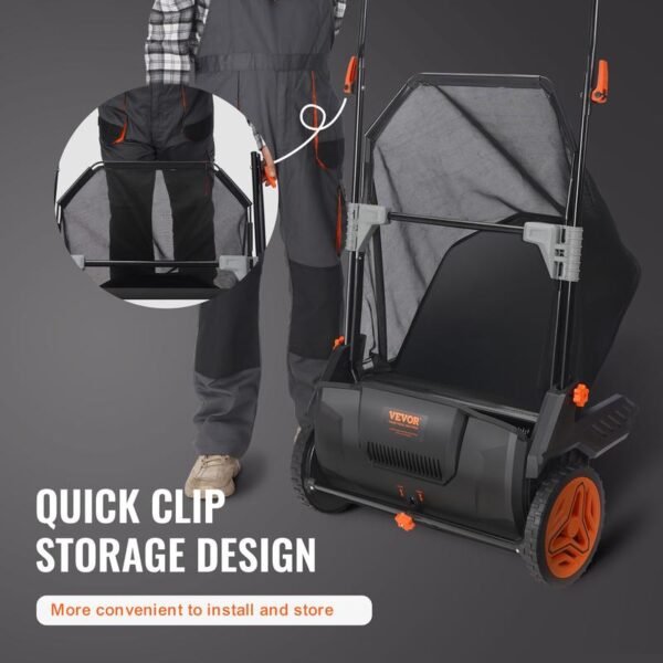 VEVOR Push Lawn Sweeper – Heavy-Duty Leaf & Grass Collector with Mesh Hopper Bag, Spinning Brushes & Durable Steel Frame - Image 7