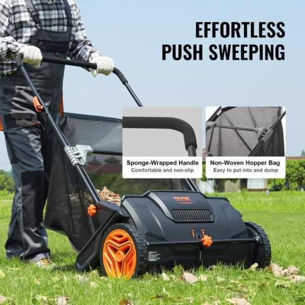 VEVOR Push Lawn Sweeper – Heavy-Duty Leaf & Grass Collector with Mesh Hopper Bag, Spinning Brushes & Durable Steel Frame - Image 4