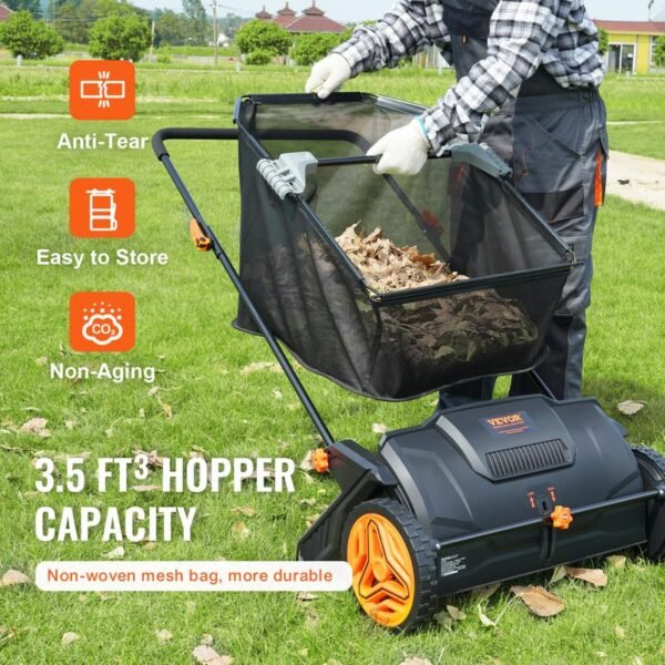 VEVOR Push Lawn Sweeper – Heavy-Duty Leaf & Grass Collector with Mesh Hopper Bag, Spinning Brushes & Durable Steel Frame - Image 2