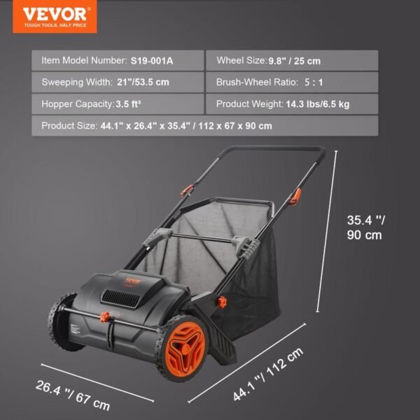 VEVOR Push Lawn Sweeper – Heavy-Duty Leaf & Grass Collector with Mesh Hopper Bag, Spinning Brushes & Durable Steel Frame - Image 3